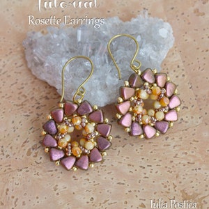 ROSETTE Beading tutorial Beaded earrings pattern with 2 hole beads Nib-Bit English cut round Seed beads Beaded flower earring TUTORIAL ONLY