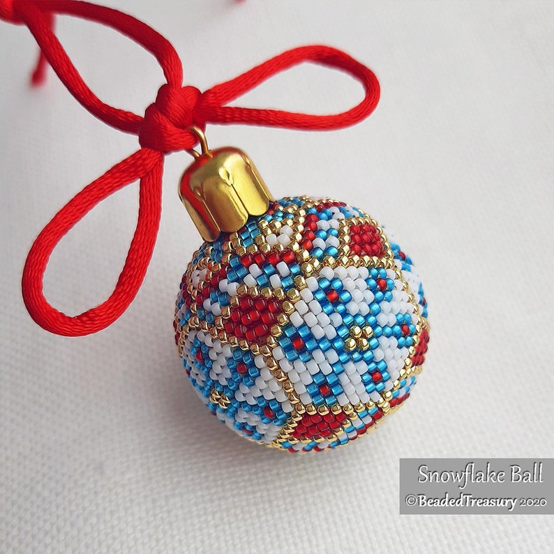 SNOWFLAKE BALL Peyote Stitch Pattern Beaded Christmas Ornament Instructions Beaded bead pattern Instant Pdf Download image 2