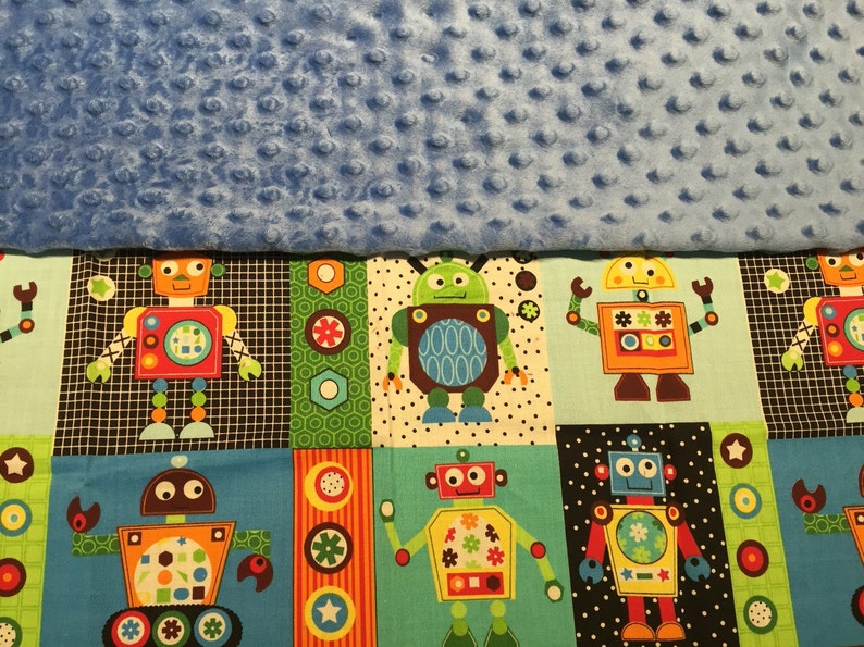 Robot Minky Blanket with Appliqued Name 30 x 36