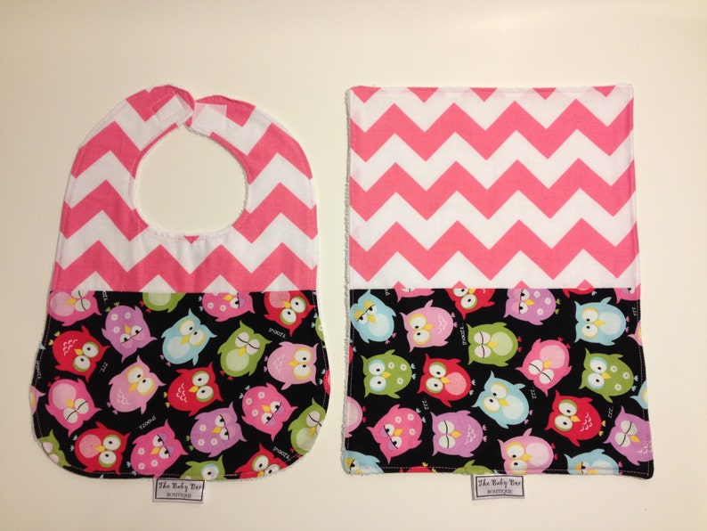 Owls and Paisley Chevron Bib /& Burp Sets
