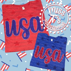 USA Script sequin applique embroidered Stars tshirt.  You pick color. Red or Royal Blue