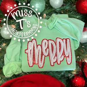 MERRY double applique hand lettered embroidered sweatshirt. Sequins & Velvet. Gift for her. Merry Christmas. Mint or Light Pink. Holiday.