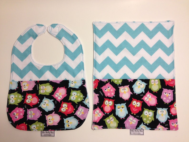 Owls and Paisley Chevron Bib /& Burp Sets