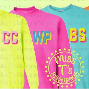NEON Shadow Block Embroidered Monogram Sweatshirt, Gift for her, Embroidery, Mama, Nana, sister, bride, hot pink, aqua, yellow, orange
