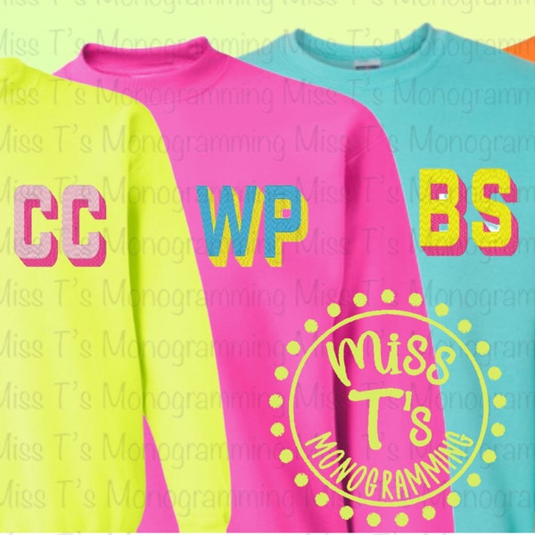 NEON Shadow Block Embroidered Monogram Sweatshirt, Gift for her, Embroidery, Mama, Nana, sister, bride, hot pink, aqua, yellow, orange