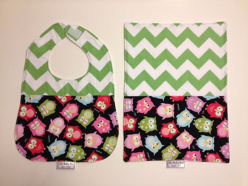 Owls and Paisley Chevron Bib /& Burp Sets