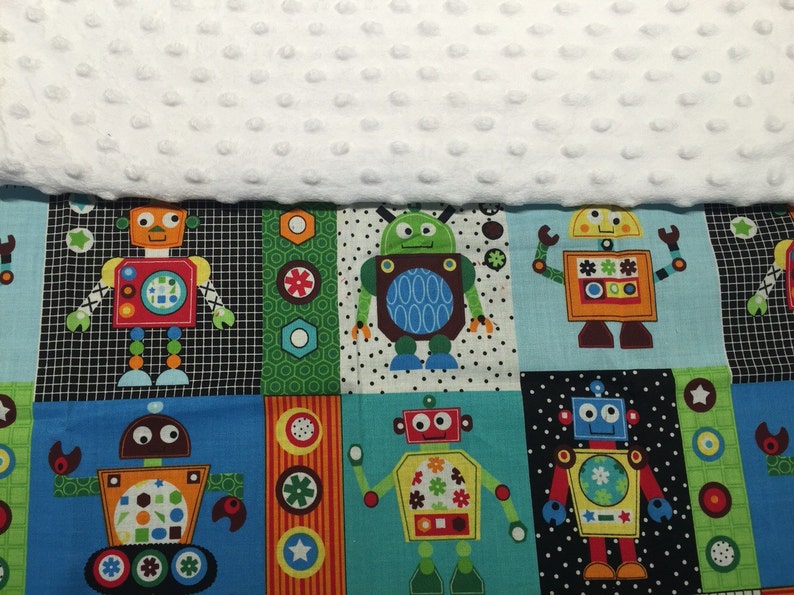 Robot Minky Blanket with Appliqued Name 30 x 36