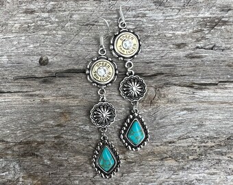 Blue Western Drop Bullet Casing Earrings