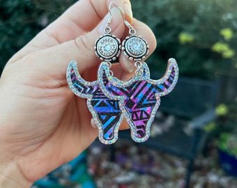 Retro Pink and Purple Bull Head Bullet Casing Earrings