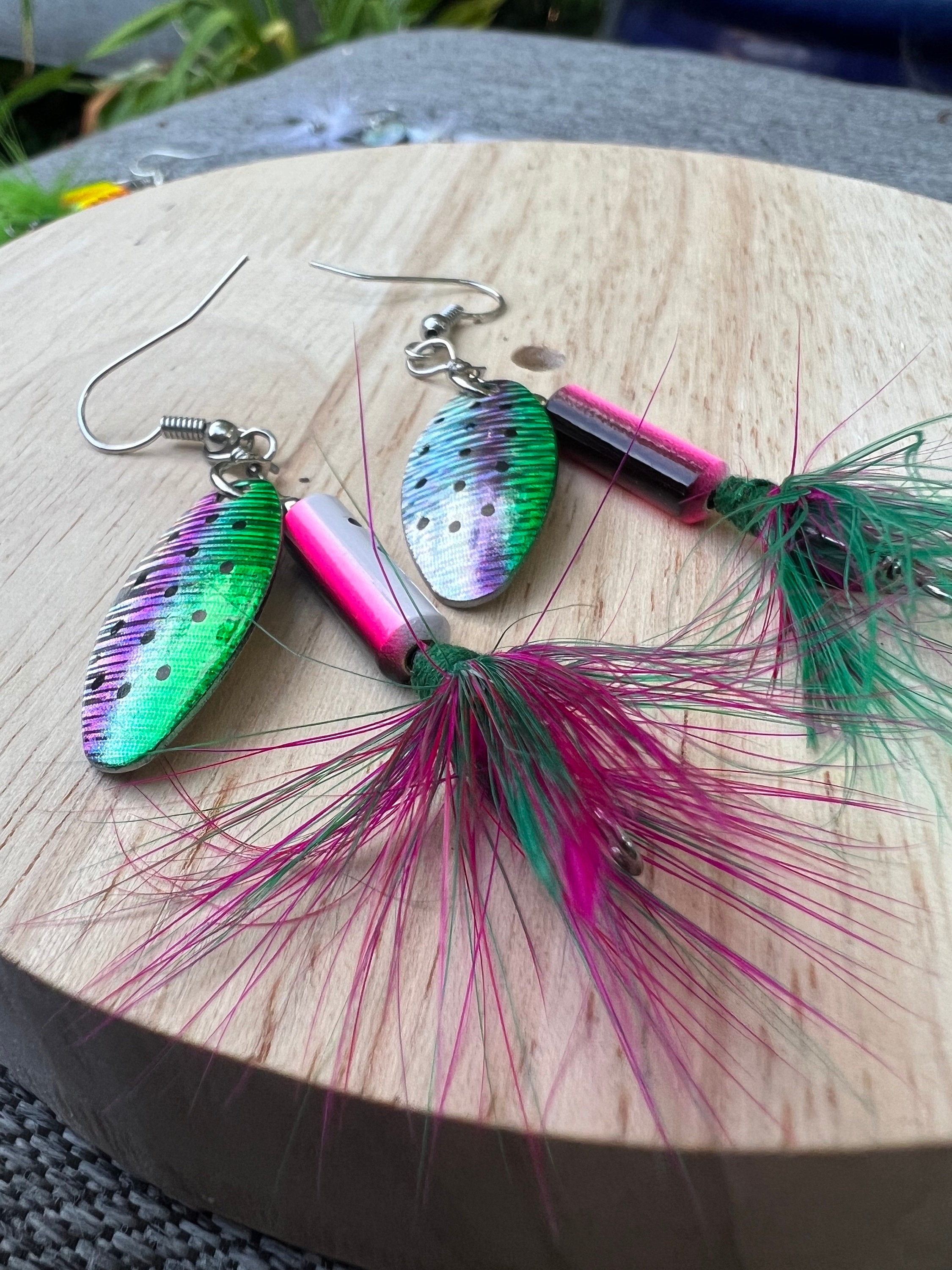 fish lure earrings Iridescent | Jewelry These lovely drop earrings feature black shiny baubles made of vintage lucite Trout Earrings - Matte Silver