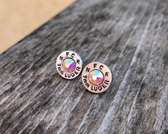 9mm Aluminum Bullet Casing Studs, Cowgirl Earrings, Studs, Western Cowgirl, Redneck Earrings, Swarovski Earrings, Bullet Jewelry