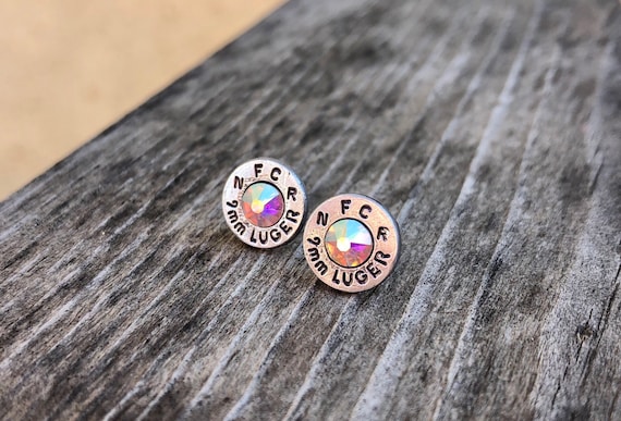 9mm Aluminum Bullet Casing Studs, Cowgirl Earrings, Studs, Western Cowgirl, Redneck Earrings, Swarovski Earrings, Bullet Jewelry