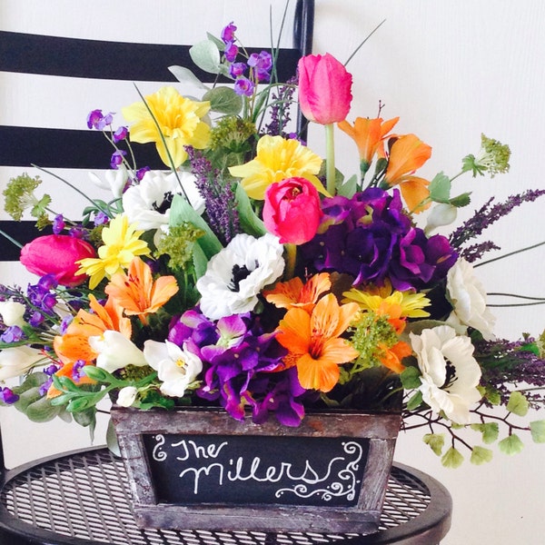 Silk arrangement, Spring, colorful, bright  chalkboard, wood box, table arrangement, silk,