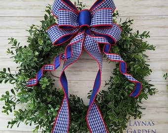 American bow, red, white and blue bow, USA bow, blue gingham bow, patriotic bow, wreath bow, 250th bow, Americana bow