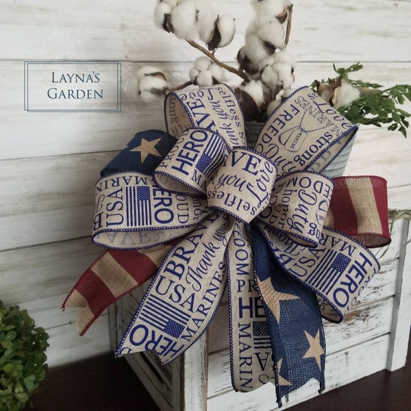 Marines wreath bow, Marines lantern bow, Marines ribbon, Marines bow, red, white  and blue bow, natural USA bow, American Marines bow,