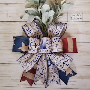 Navy wreath bow, Navy lantern bow, Navy support bow, blue and natural bow, military support bow, American bow, USA bow, Patriotic wreath bow