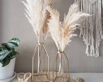 SET: Metallic Gold Caged Vases + 3 XL Pampas Grass Stems + 5 Small Cream Pampas -- boho decor -- wedding centerpiece