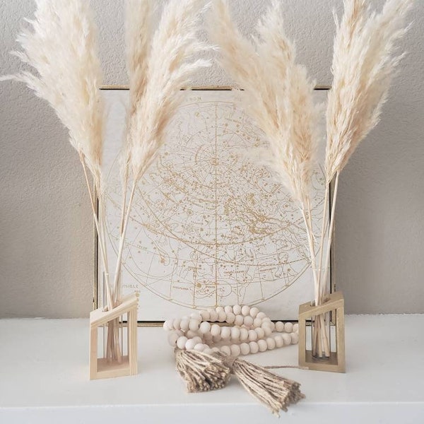 SET : Small wooden vase + 4 cream pampas grass stems -- boho decor -- wedding -- centerpiece -- baby shower -- pompous pompas