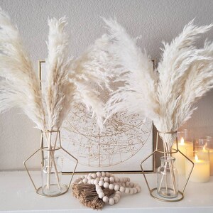 May include: Two vases with fluffy, cream-colored pampas grass. The vases are clear glass, held in gold geometric metal frames. A map print and candles are in the background, with a wooden bead garland and tassel.