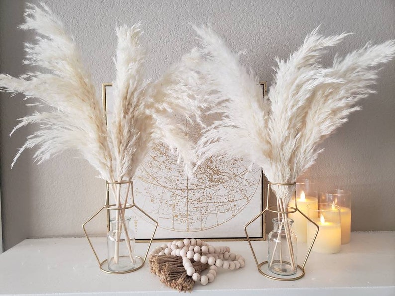 May include: Two vases with fluffy, cream-colored pampas grass. The vases are clear glass, held in gold geometric metal frames. A map print and candles are in the background, with a wooden bead garland and tassel.