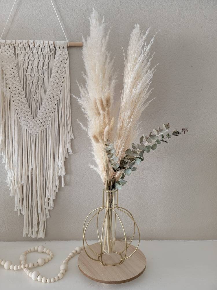 SET : Round Gold Caged Vase + Pampas Grass, Bunny Tails & Dried Eucalyptus-- boho decor -- wedding -- centerpiece