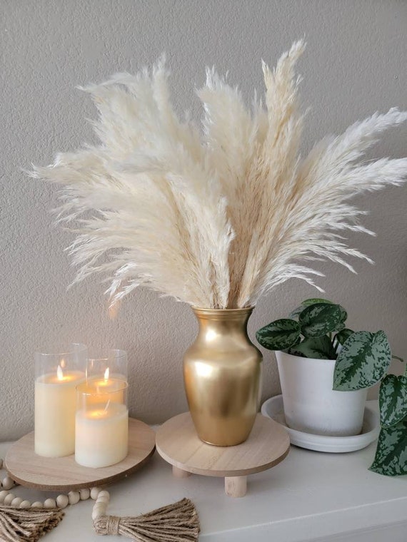 SET : Gold Hand Painted Glass Vase 20 Cream Pampas Grass Stems Boho Decor  Wedding Centerpiece Holiday Decor Gift Idea 