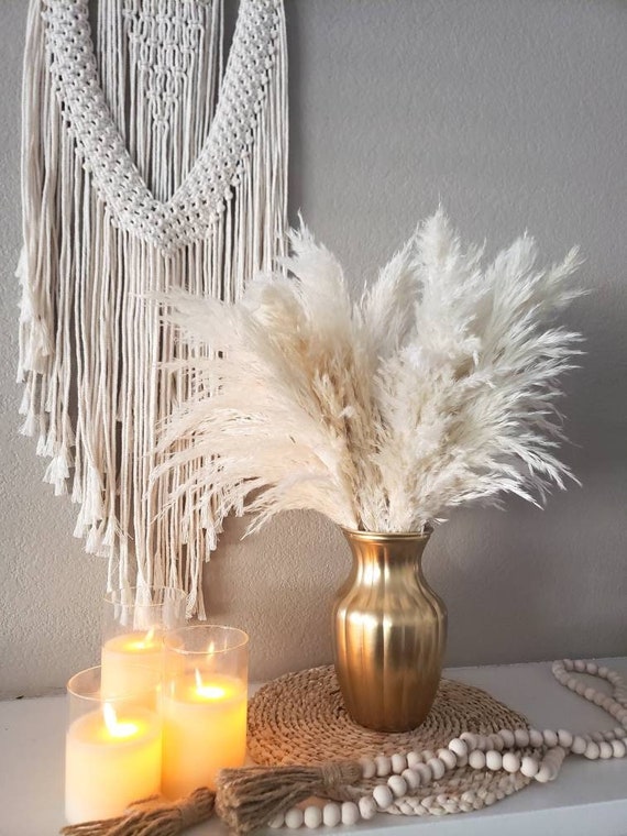 SET : Gold Hand Painted Glass Vase + 20 Cream Pampas Grass Stems -- Boho Decor -- Wedding Centerpiece -- Holiday Decor -- Gift Idea