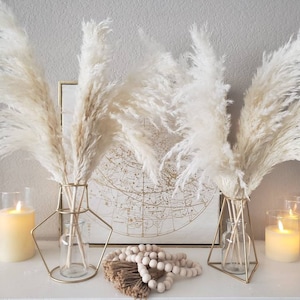 May include: Two vases with fluffy, cream-colored pampas grass are displayed on a white surface. The vases have a gold geometric metal frame and a clear glass insert. Lit candles and decorative beads complete the home decor scene.