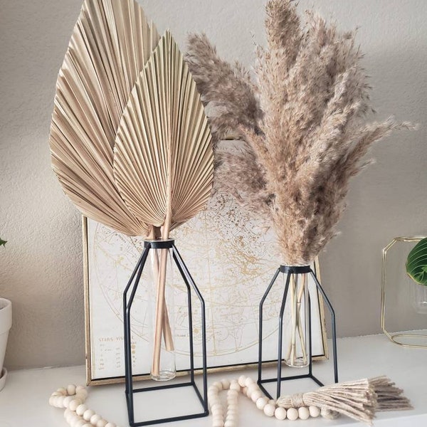 SET : 2 caged vases + 2 palm leaves + 5 Pampas grass stems -- boho decor -- wedding decor -- centerpiece