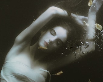 May include: A woman with long dark hair is submerged in water. She is wearing a white fabric wrapped around her torso.  She has her eyes closed and her arm is raised above her head.  There are leaves floating in the water around her.