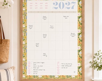 Monthly Wall Planner 2026 2027 | Yellow Vintage Floral Design | Undated Family Command Center | Meal Planner