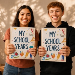 May include: Two identical white hardcover memory books titled My School Years in dark blue text. The covers feature colorful illustrations of school supplies including a red apple, a yellow pencil, a ruler, and books on a light background.