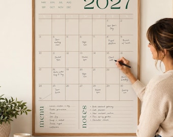Monthly Wall Planner 2026 2027 | Green Minimalist Calendar | Undated Family Command Center | Meal Planner