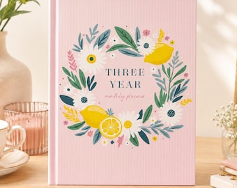 3 Year Monthly Planner, Undated Long Term Calendar, Start Anytime, Fruity Floral Wreath, Soft Pink