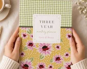3 Year Monthly Planner, Undated Long Term Calendar, Start Anytime, Mustard Retro Floral, Personalized, Custom