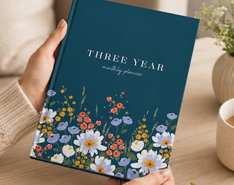3 Year Monthly Planner, Undated Long Term Calendar, Start Anytime, Navy Wildflower