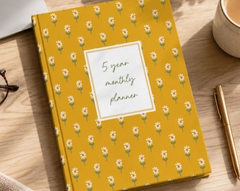 5 Year Monthly Planner, Undated Long Term Calendar, Start Anytime, Retro Daisy - Mustard