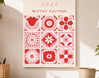 2027 Calendar, Mosaic Tile Design, Monthly Planner, Yearly Wall Calendar