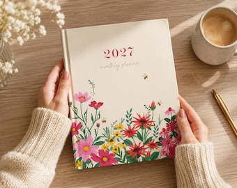 2027 Monthly Planner, Pink Wildflower Cover, 13-Month Calendar (Jan 2027-Jan 2028)