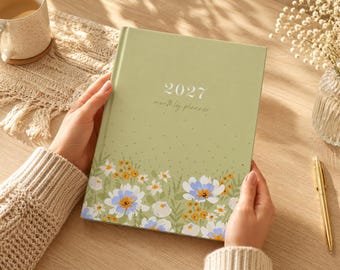 2027 Monthly Planner, Green Wildflower Cover, 13-Month Calendar (Jan 2027-Jan 2028)