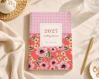 2027 Monthly Planner, Coral Retro Floral, 13-Month Calendar (Jan 2027-Jan 2028), Custom, Personalized