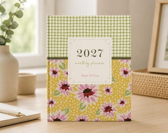 2027 Monthly Planner, Mustard Retro Floral, 13-Month Calendar (Jan 2027-Jan 2028), Custom, Personalized