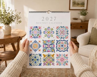 2027 Calendar, Watercolor Mosaic Tile Design, Monthly Planner, Yearly Wall Calendar