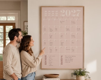 Monthly Wall Planner 2026 2027 | Minimalist Blush Calendar | Undated Family Command Center | Meal Planner