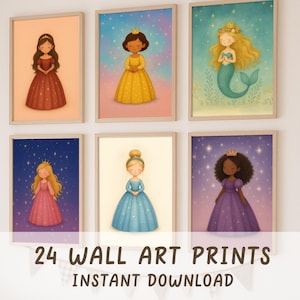Princess Wall Art Bundle, 24 Printable Nursery Art, Girls Room Decor, Princess Themed Wall Prints, Princess Ballerina, Fairy Tale Decor