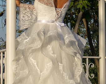 Rustic wedding dress white, Boho chic French wedding dress with bell sleeves from country lace bridal gown