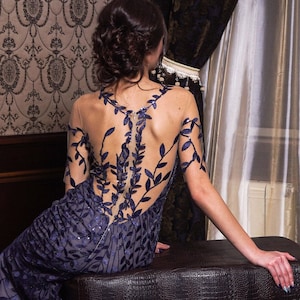Sequin prom navy blue dress Open back Long illusion neckline dress Floral lace and sequin long train tulle dress formal occasion  dress