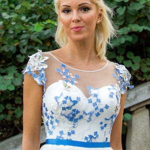 White and Blue Wedding dress, Color wedding dress with butterflies, Modest wedding dress gown, White bridal gown Fairy wedding dress in blue
