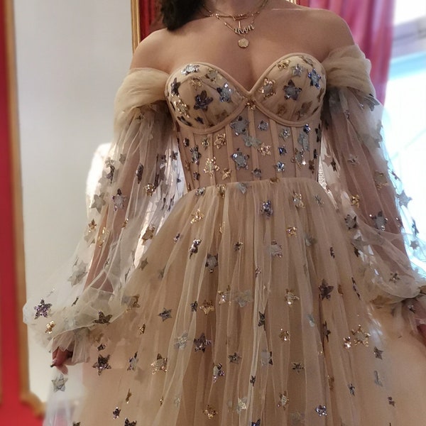 新着！スターボヘミアンウェディングドレス/取り外し可能な袖付きユニークなボヘミアンドレス/スターブライダルドレス/プロムドレス/透明コルセットボヘミアンドレス