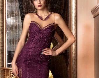 Purple mother of the bride dress, Long formal dress evening couture dress beaded Lace cocktail elegant dress Long train sheath dress